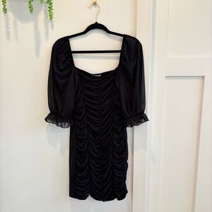 Timing Brand Women's Elegant Black Ruched Mess Mini Dress Mesh Sleeves Size L